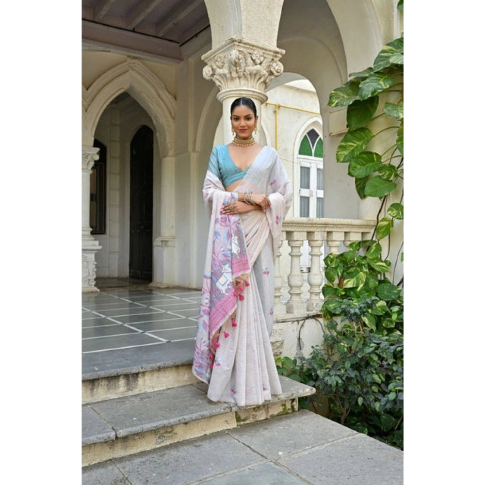 Generic Women's Blended_Cotton Floral Weaving Pattern Saree With Unstitched Blouse 5.5MtrÂ (Pink)