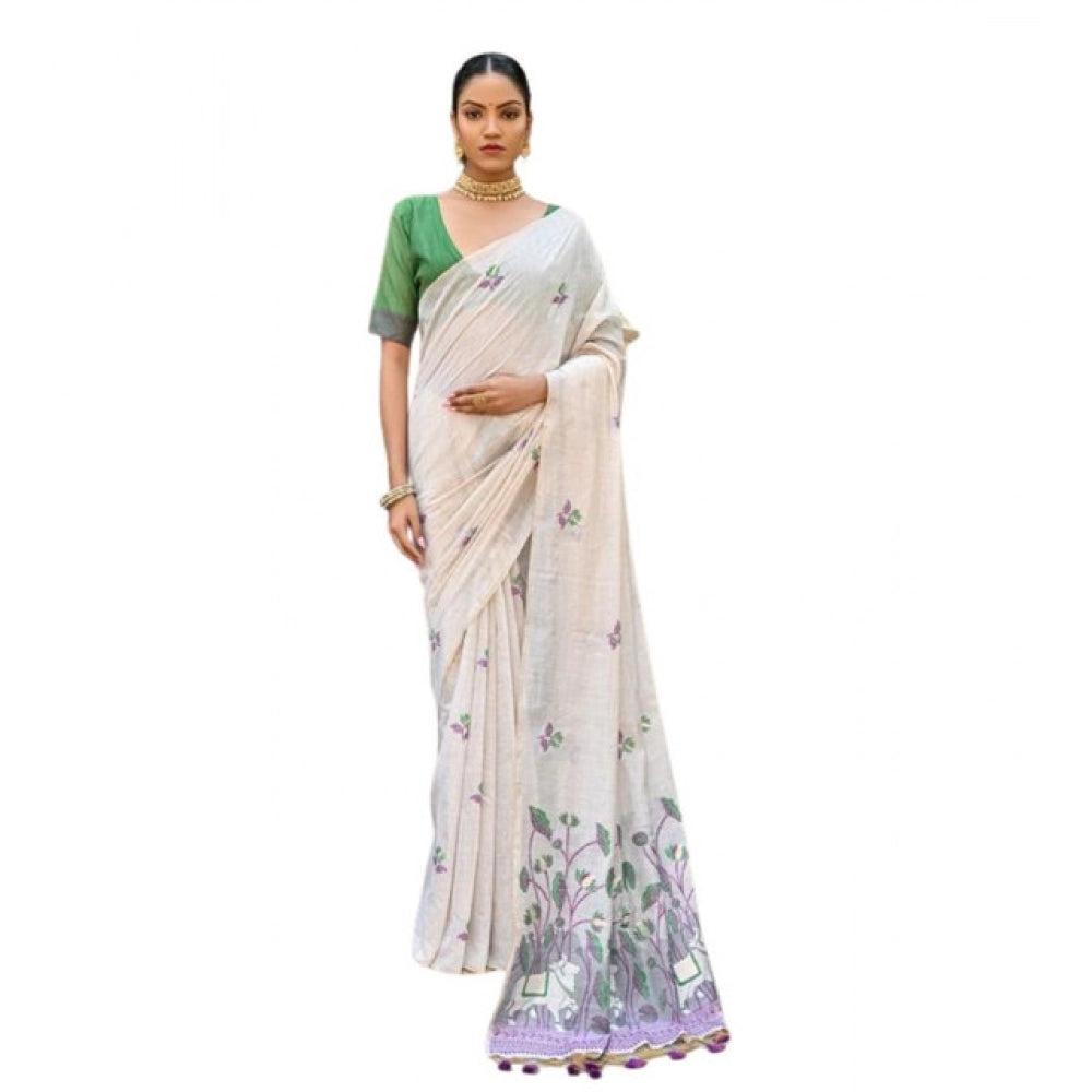 Generic Women's Blended_Cotton Floral Weaving Pattern Saree With Unstitched Blouse 5.5MtrÂ (Purple)