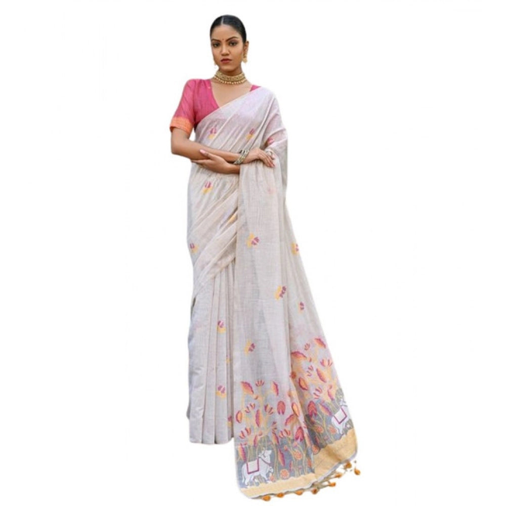 Generic Women's Blended_Cotton Floral Weaving Pattern Saree With Unstitched Blouse 5.5MtrÂ (Yellow)