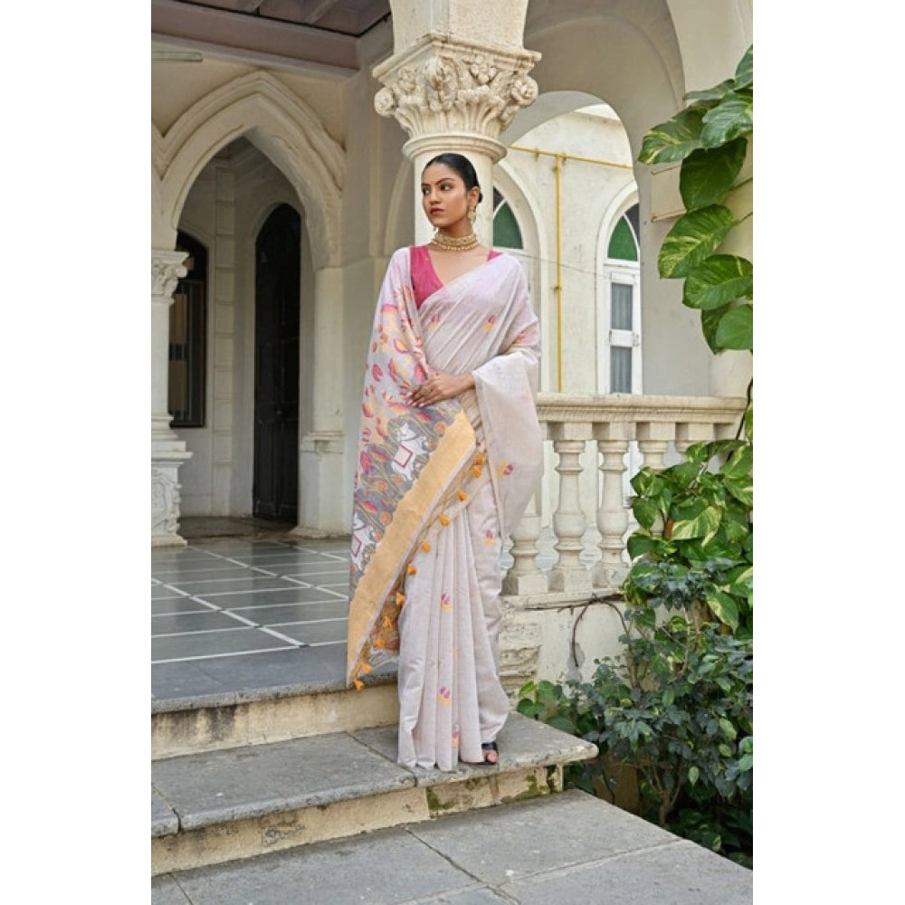Generic Women's Blended_Cotton Floral Weaving Pattern Saree With Unstitched Blouse 5.5MtrÂ (Yellow)