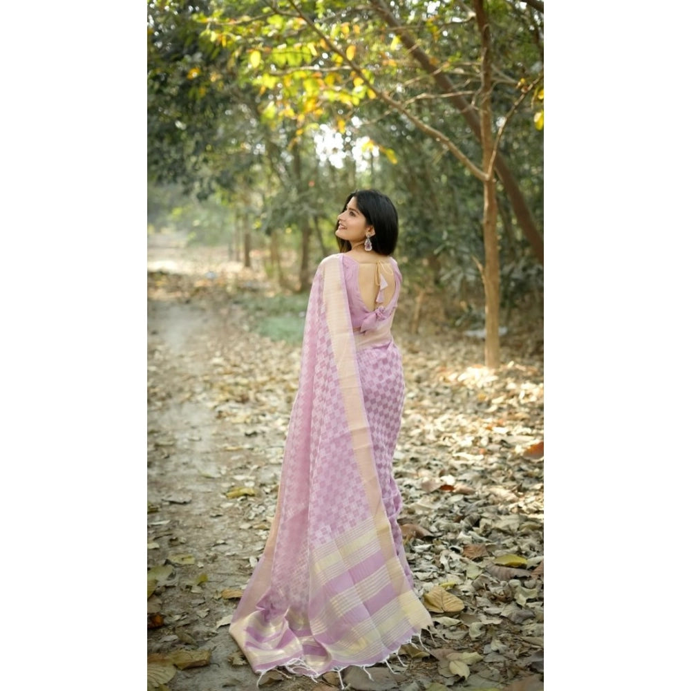 Generic Women's Silk_Blend Checked Saree With Unstitched Blouse 5.5MtrÂ (Lavender)