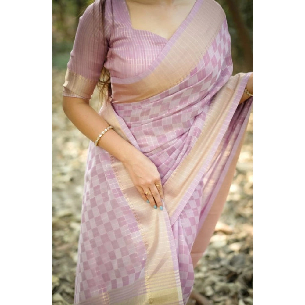 Generic Women's Silk_Blend Checked Saree With Unstitched Blouse 5.5MtrÂ (Lavender)