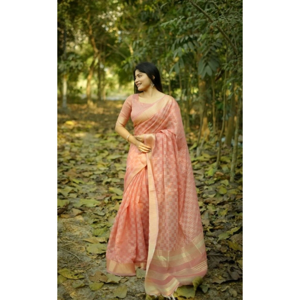 Generic Women's Silk_Blend Checked Saree With Unstitched Blouse 5.5MtrÂ (Peach)