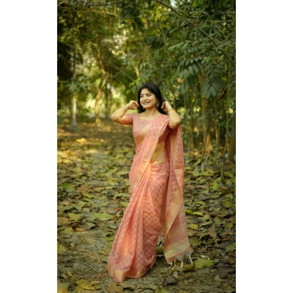 Generic Women's Silk_Blend Checked Saree With Unstitched Blouse 5.5MtrÂ (Peach)
