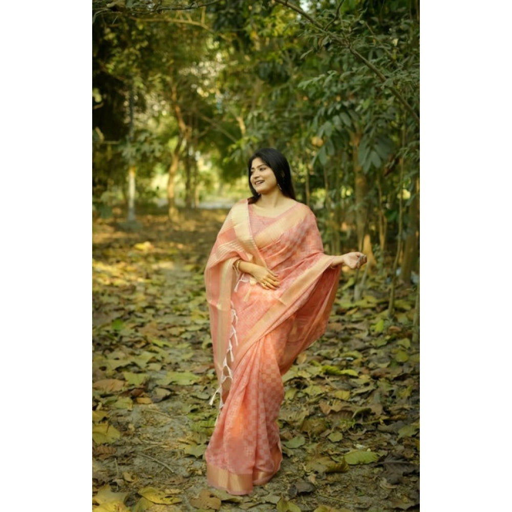 Generic Women's Silk_Blend Checked Saree With Unstitched Blouse 5.5MtrÂ (Peach)