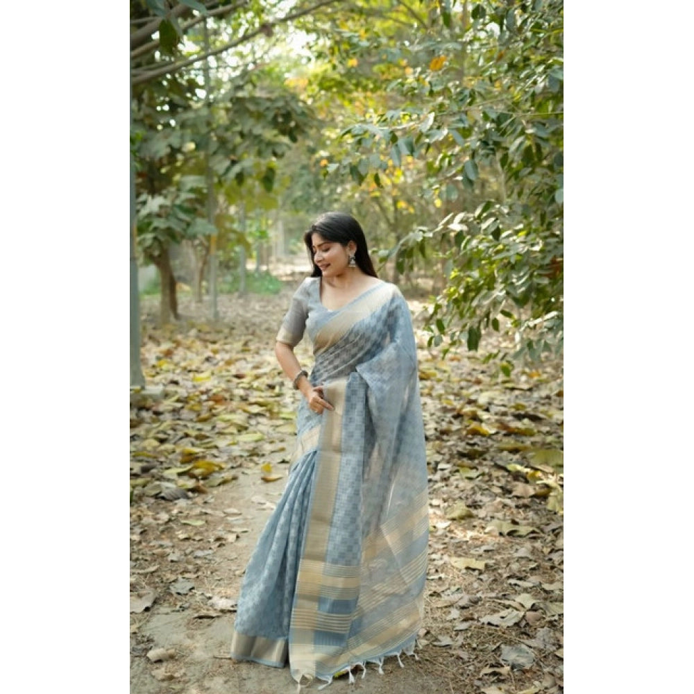 Generic Women's Silk_Blend Checked Saree With Unstitched Blouse 5.5MtrÂ (Sky_Blue)