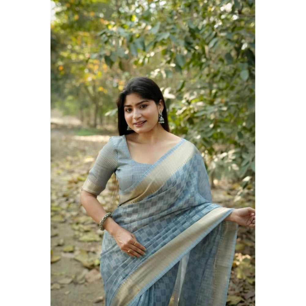 Generic Women's Silk_Blend Checked Saree With Unstitched Blouse 5.5MtrÂ (Sky_Blue)