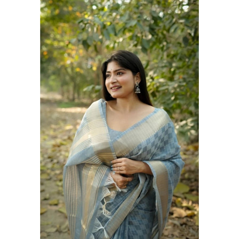 Generic Women's Silk_Blend Checked Saree With Unstitched Blouse 5.5MtrÂ (Sky_Blue)