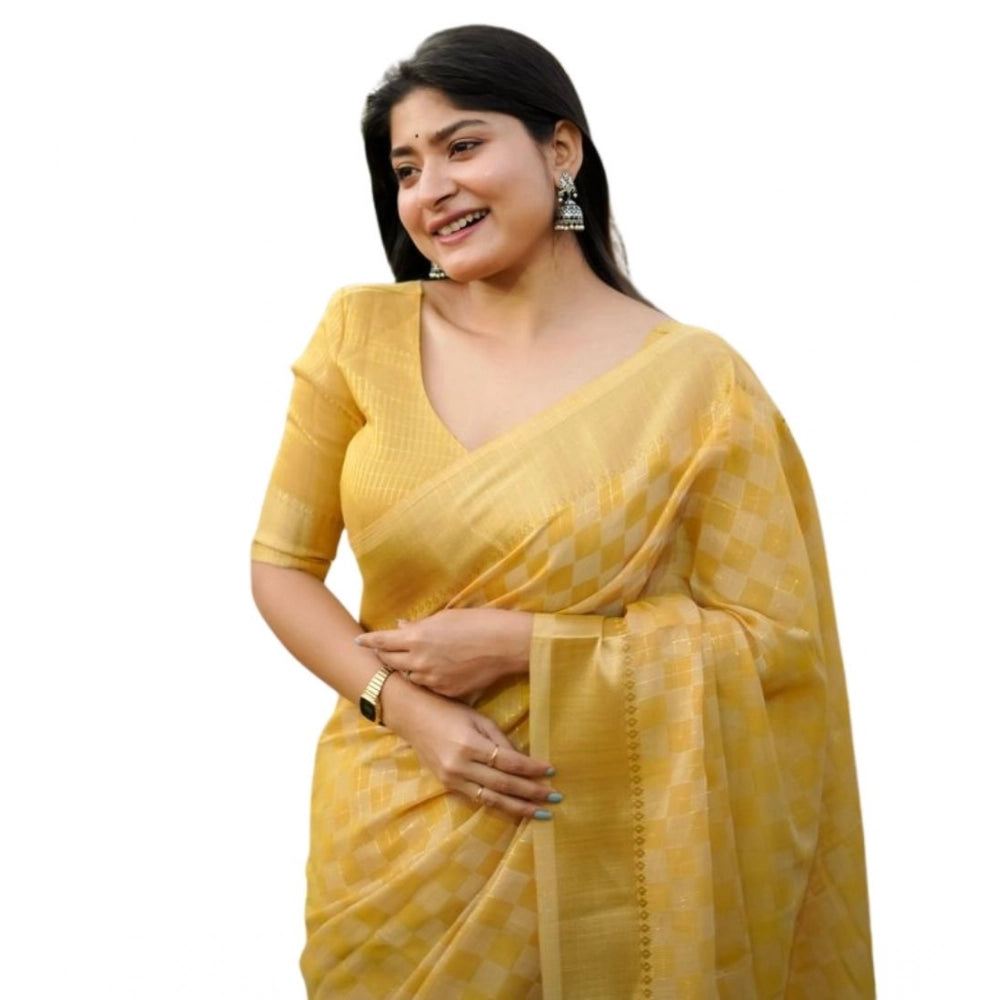 Generic Women's Silk_Blend Checked Saree With Unstitched Blouse 5.5MtrÂ (Yellow)