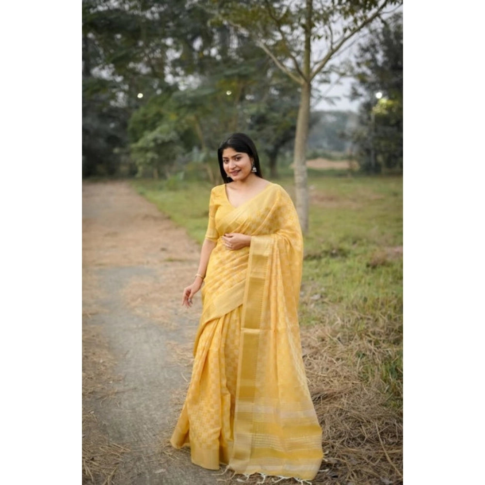 Generic Women's Silk_Blend Checked Saree With Unstitched Blouse 5.5MtrÂ (Yellow)