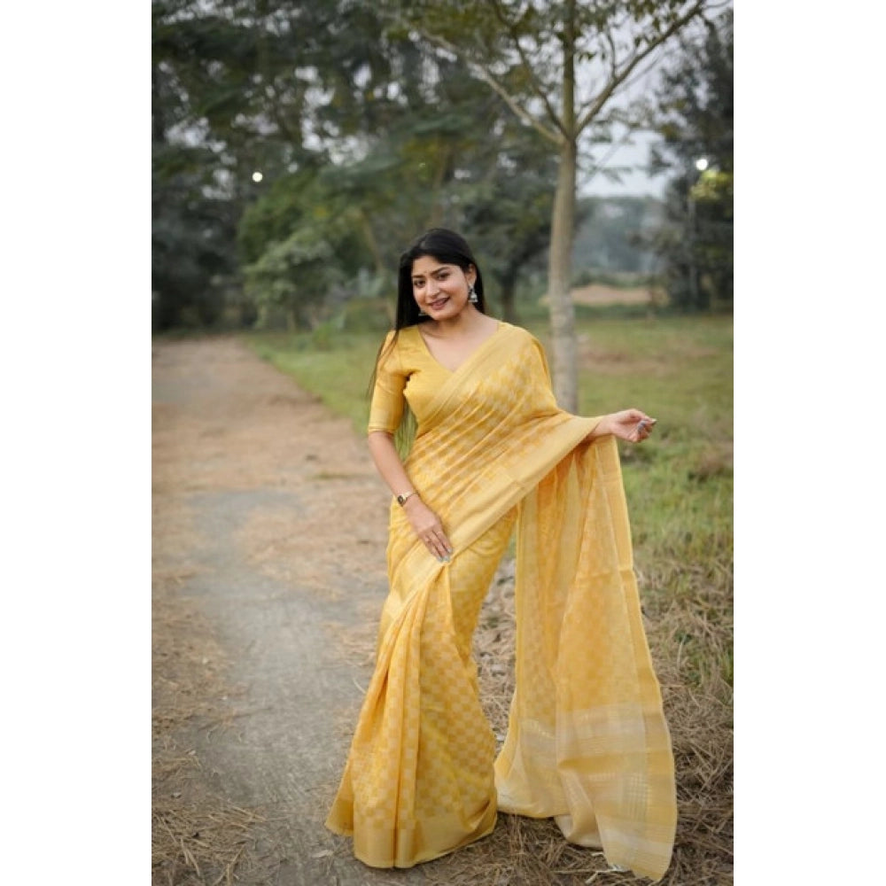 Generic Women's Silk_Blend Checked Saree With Unstitched Blouse 5.5MtrÂ (Yellow)