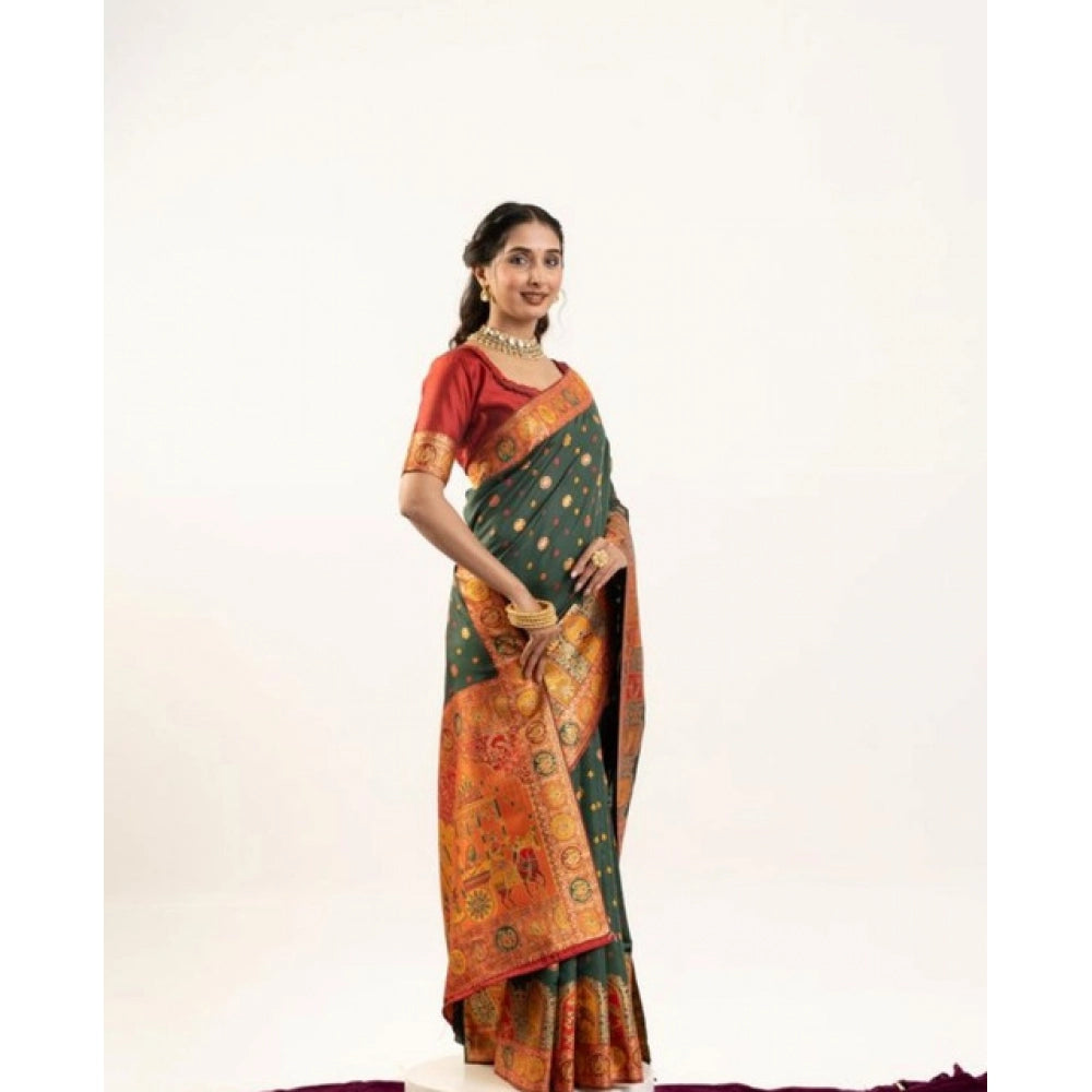 Generic Women's Faux_Banarasi Woven Motifs Saree With Unstitched Blouse 5.5MtrÂ (Dark_Green)