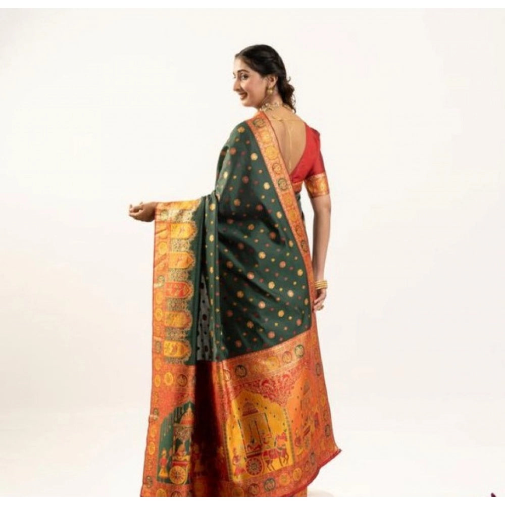 Generic Women's Faux_Banarasi Woven Motifs Saree With Unstitched Blouse 5.5MtrÂ (Dark_Green)