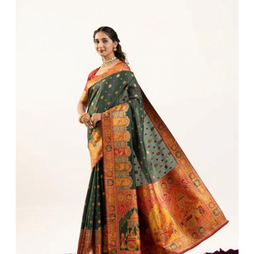 Generic Women's Faux_Banarasi Woven Motifs Saree With Unstitched Blouse 5.5MtrÂ (Dark_Green)