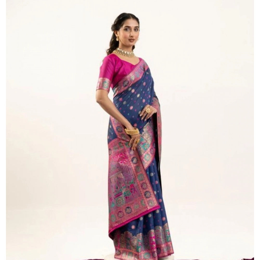 Generic Women's Faux_Banarasi Woven Motifs Saree With Unstitched Blouse 5.5MtrÂ (Navy_Blue)