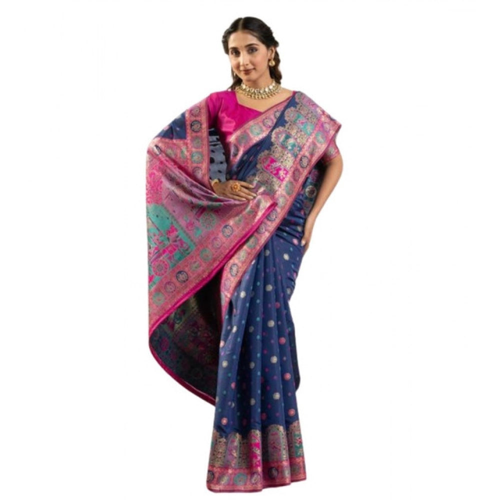 Generic Women's Faux_Banarasi Woven Motifs Saree With Unstitched Blouse 5.5MtrÂ (Navy_Blue)