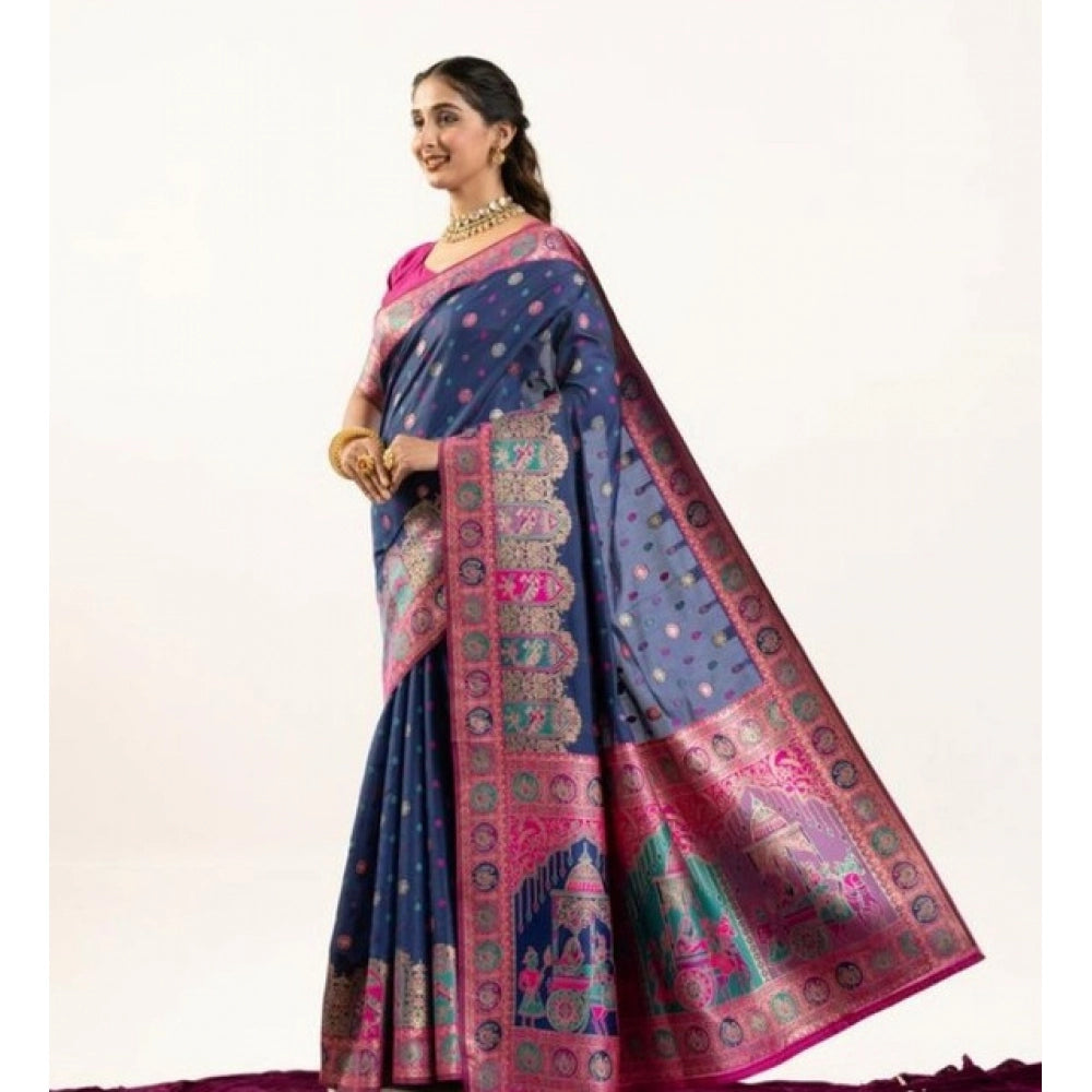 Generic Women's Faux_Banarasi Woven Motifs Saree With Unstitched Blouse 5.5MtrÂ (Navy_Blue)