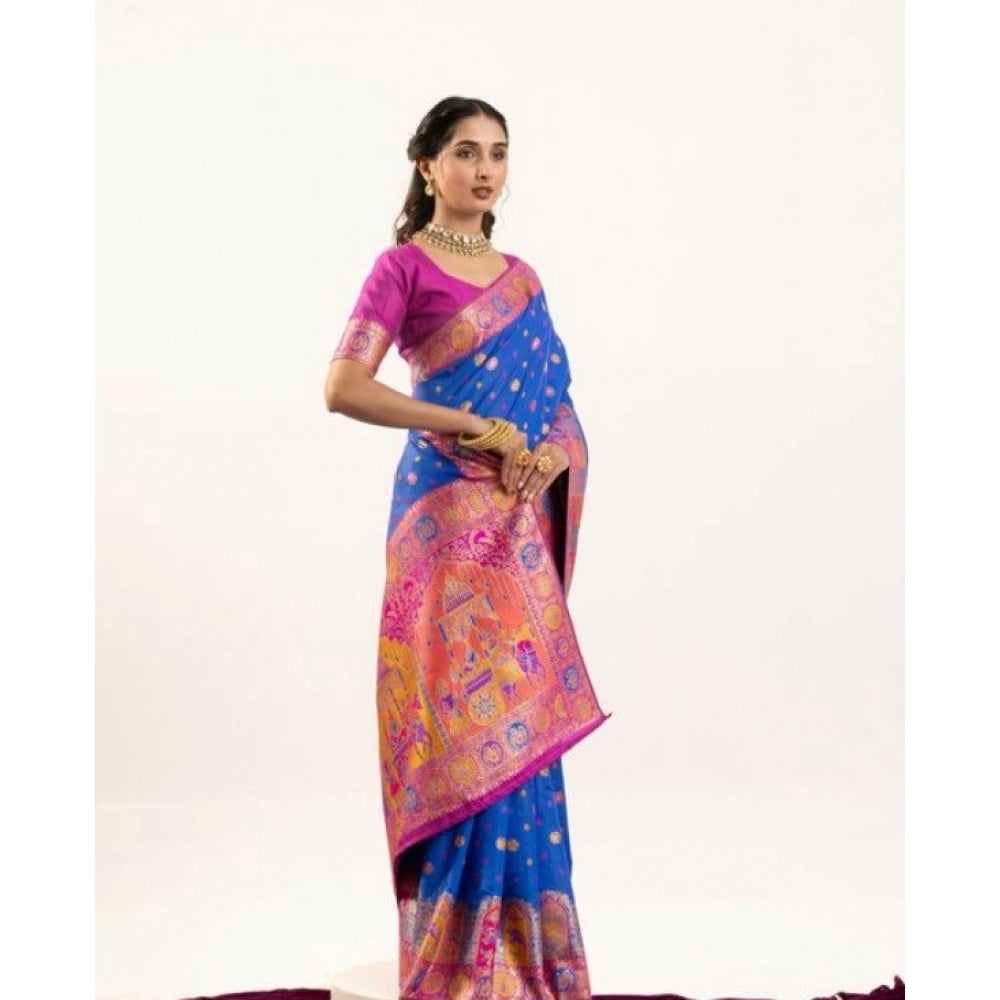 Generic Women's Faux_Banarasi Woven Motifs Saree With Unstitched Blouse 5.5MtrÂ (Royal_Blue)