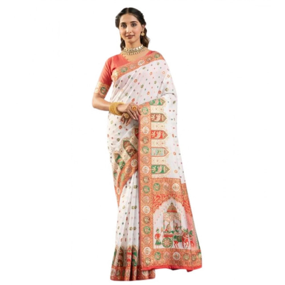 Generic Women's Faux_Banarasi Woven Motifs Saree With Unstitched Blouse 5.5MtrÂ (White)