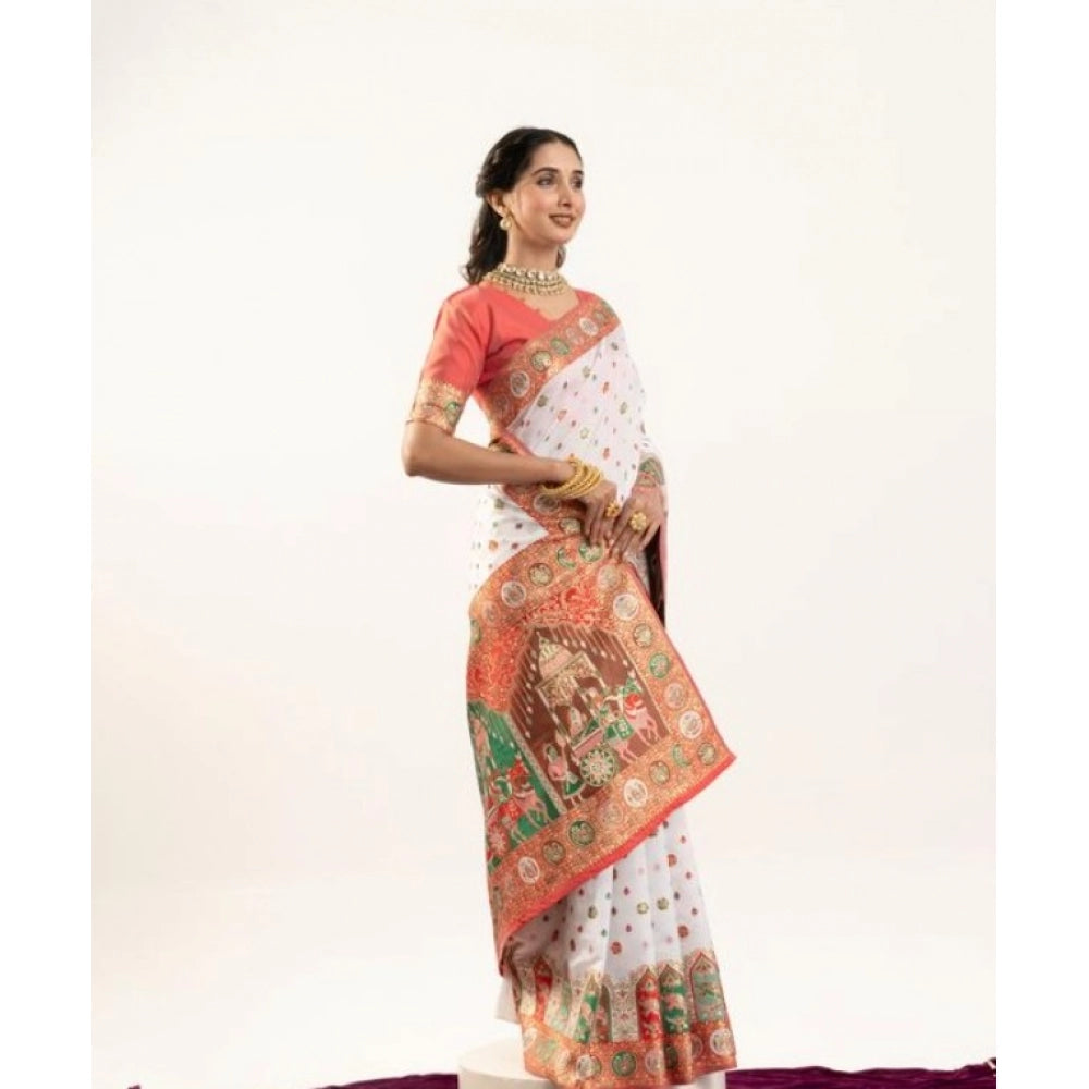 Generic Women's Faux_Banarasi Woven Motifs Saree With Unstitched Blouse 5.5MtrÂ (White)