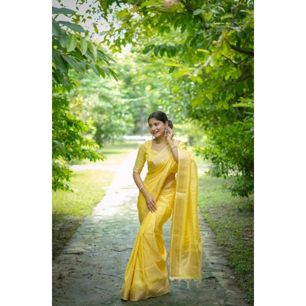 Generic Women's Faux_Banarasi Lining Pattern Saree With Unstitched Blouse 5.5MtrÂ (Yellow)