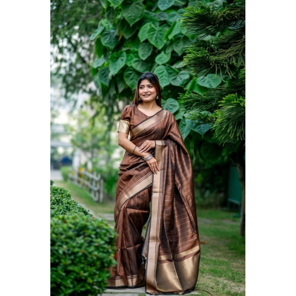 Generic Women's Faux_Banarasi Lining Pattern Saree With Unstitched Blouse 5.5MtrÂ (Light_Brown)