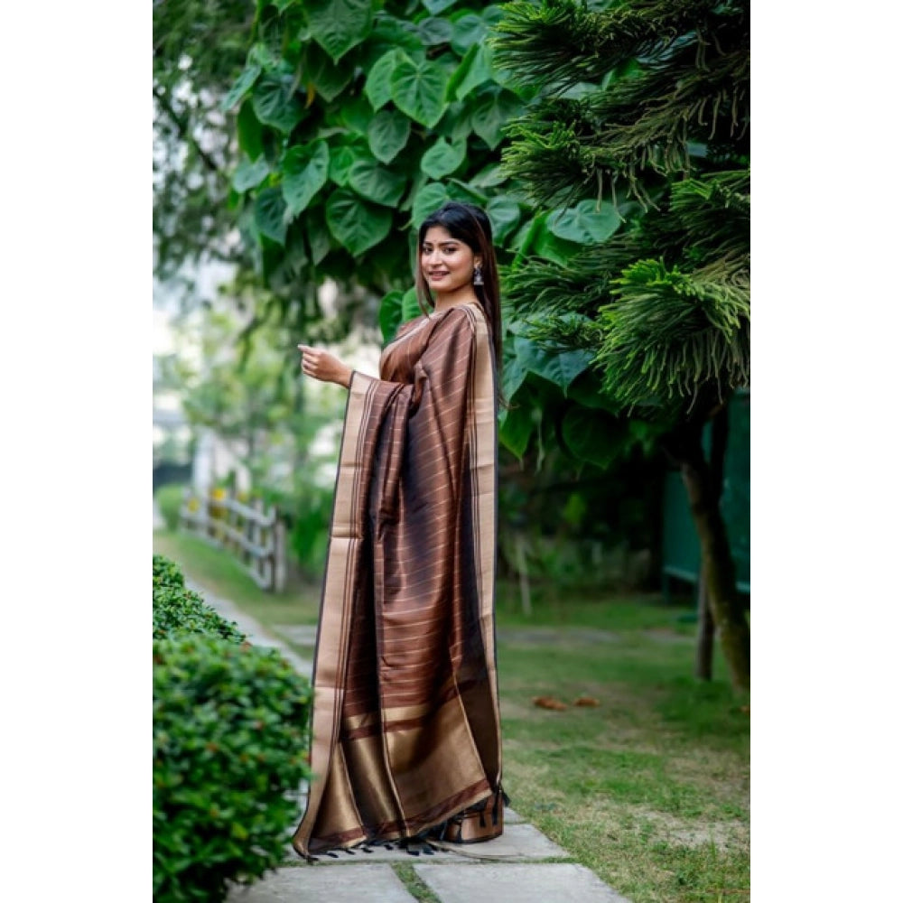 Generic Women's Faux_Banarasi Lining Pattern Saree With Unstitched Blouse 5.5MtrÂ (Light_Brown)