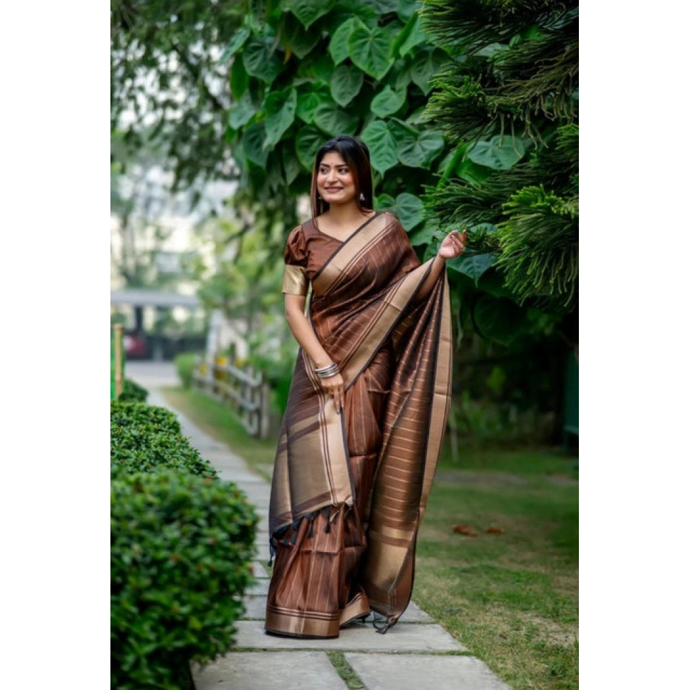 Generic Women's Faux_Banarasi Lining Pattern Saree With Unstitched Blouse 5.5MtrÂ (Light_Brown)