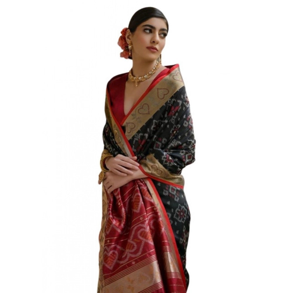 Generic Women's Silk_Blend Ethnic Ikat Pattern Saree With Unstitched Blouse 5.5MtrÂ (Black)