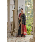 Generic Women's Silk_Blend Ethnic Ikat Pattern Saree With Unstitched Blouse 5.5MtrÂ (Black)