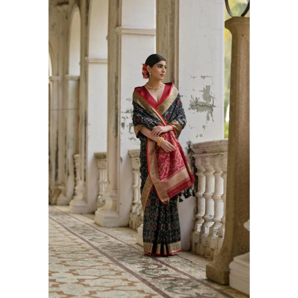 Generic Women's Silk_Blend Ethnic Ikat Pattern Saree With Unstitched Blouse 5.5MtrÂ (Black)