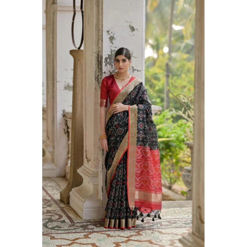 Generic Women's Silk_Blend Ethnic Ikat Pattern Saree With Unstitched Blouse 5.5MtrÂ (Black)
