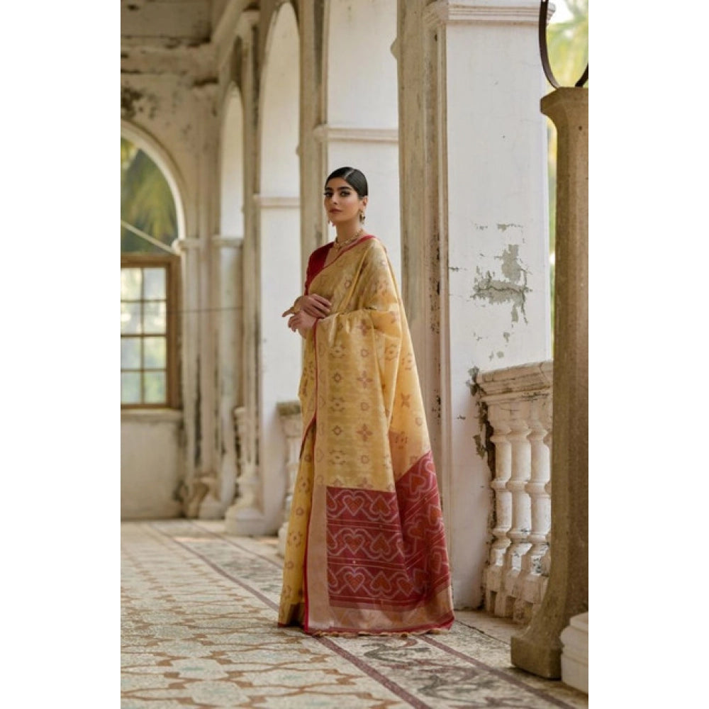 Generic Women's Silk_Blend Ethnic Ikat Pattern Saree With Unstitched Blouse 5.5MtrÂ (Cream)