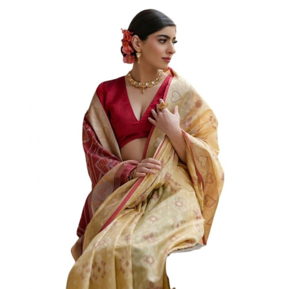 Generic Women's Silk_Blend Ethnic Ikat Pattern Saree With Unstitched Blouse 5.5MtrÂ (Cream)