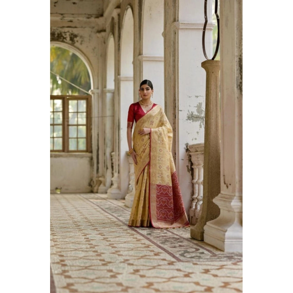 Generic Women's Silk_Blend Ethnic Ikat Pattern Saree With Unstitched Blouse 5.5MtrÂ (Cream)