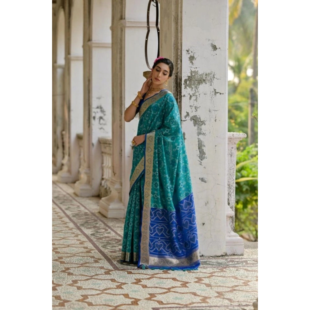 Generic Women's Silk_Blend Ethnic Ikat Pattern Saree With Unstitched Blouse 5.5MtrÂ (Teal)
