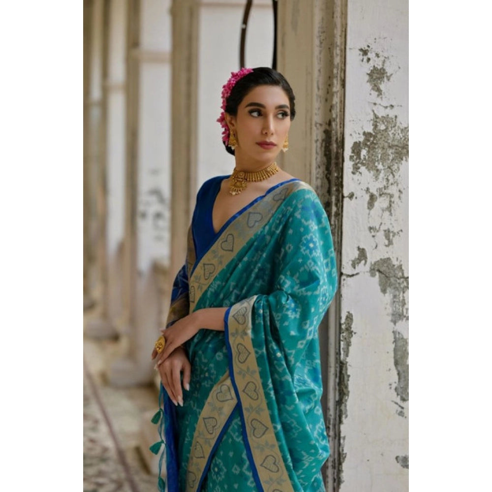 Generic Women's Silk_Blend Ethnic Ikat Pattern Saree With Unstitched Blouse 5.5MtrÂ (Teal)