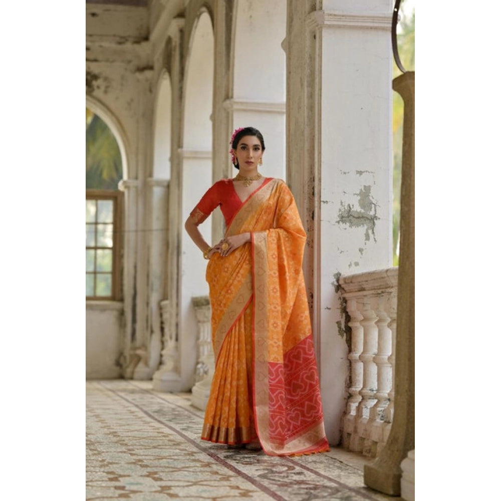 Generic Women's Silk_Blend Ethnic Ikat Pattern Saree With Unstitched Blouse 5.5MtrÂ (Mustard)