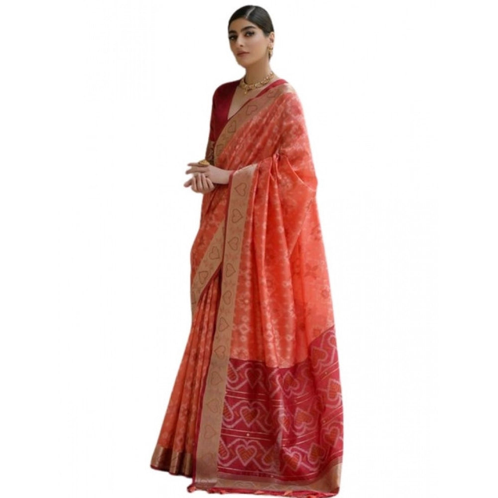 Generic Women's Silk_Blend Ethnic Ikat Pattern Saree With Unstitched Blouse 5.5MtrÂ (Orange)