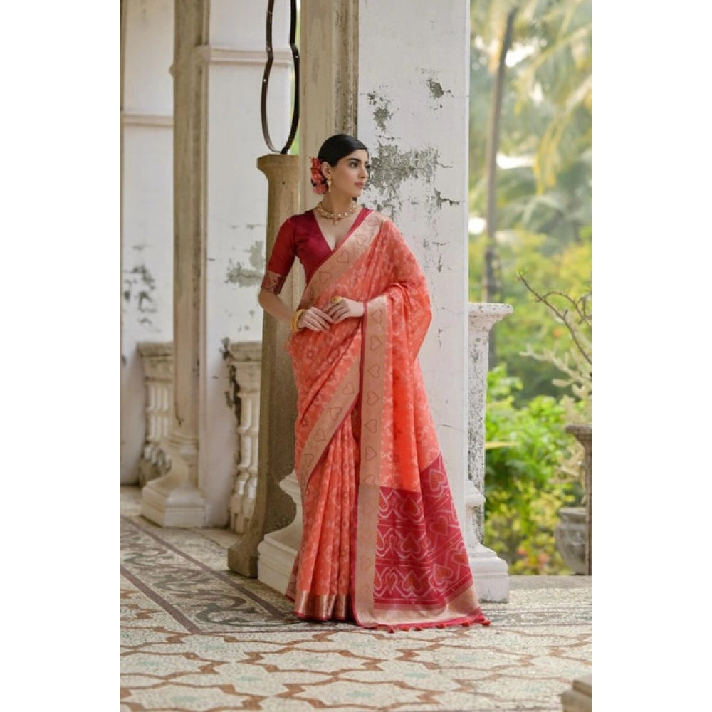 Generic Women's Silk_Blend Ethnic Ikat Pattern Saree With Unstitched Blouse 5.5MtrÂ (Orange)