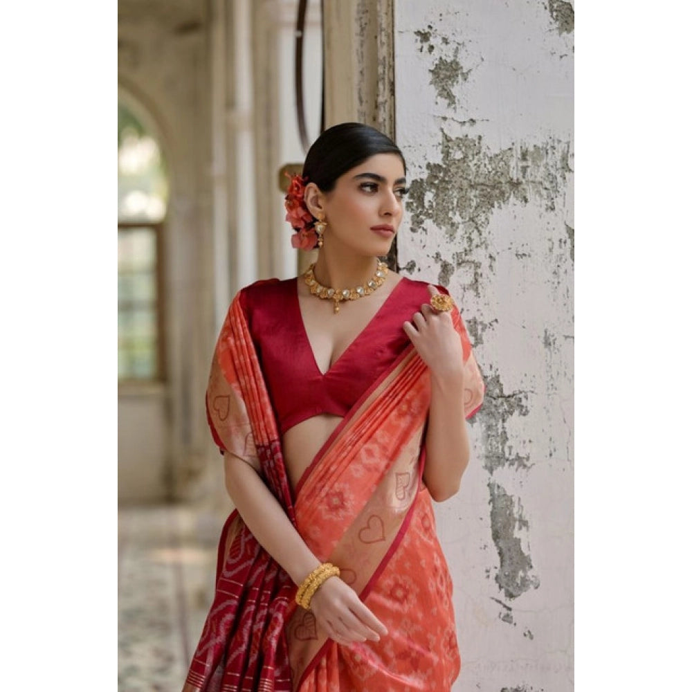 Generic Women's Silk_Blend Ethnic Ikat Pattern Saree With Unstitched Blouse 5.5MtrÂ (Orange)