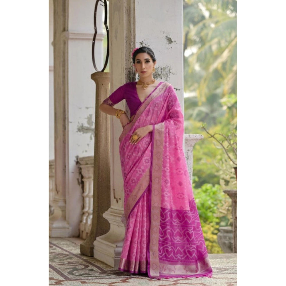 Generic Women's Silk_Blend Ethnic Ikat Pattern Saree With Unstitched Blouse 5.5MtrÂ (Pink)