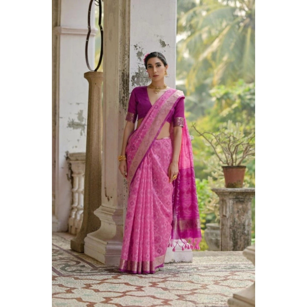 Generic Women's Silk_Blend Ethnic Ikat Pattern Saree With Unstitched Blouse 5.5MtrÂ (Pink)