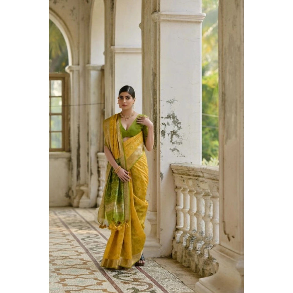 Generic Women's Silk_Blend Ethnic Ikat Pattern Saree With Unstitched Blouse 5.5MtrÂ (Yellow)