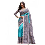 Generic Women's Faux_Tussar Ethnic_Print Saree With Unstitched Blouse 5.5MtrÂ (Aqua_Blue)