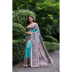 Generic Women's Faux_Tussar Ethnic_Print Saree With Unstitched Blouse 5.5MtrÂ (Aqua_Blue)