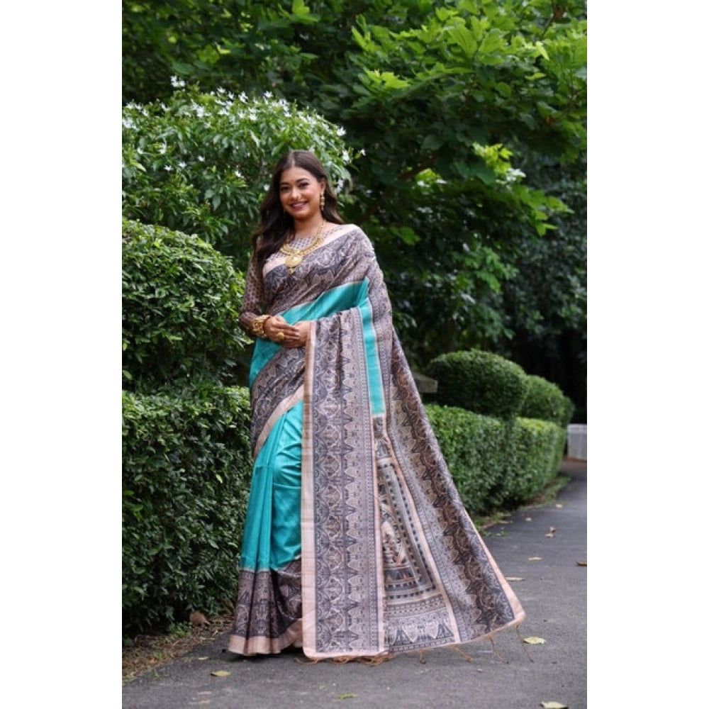 Generic Women's Faux_Tussar Ethnic_Print Saree With Unstitched Blouse 5.5MtrÂ (Aqua_Blue)