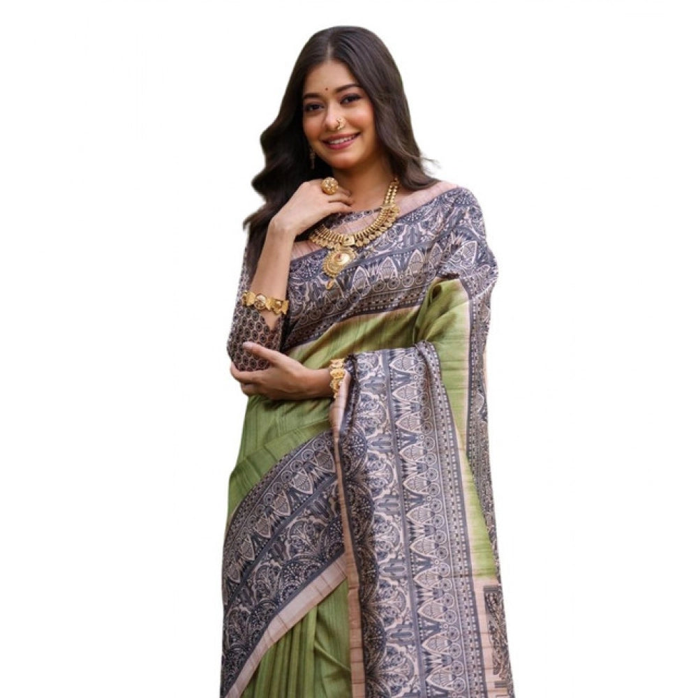 Generic Women's Faux_Tussar Ethnic_Print Saree With Unstitched Blouse 5.5MtrÂ (Olive)