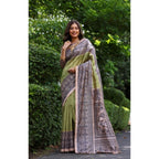 Generic Women's Faux_Tussar Ethnic_Print Saree With Unstitched Blouse 5.5MtrÂ (Olive)