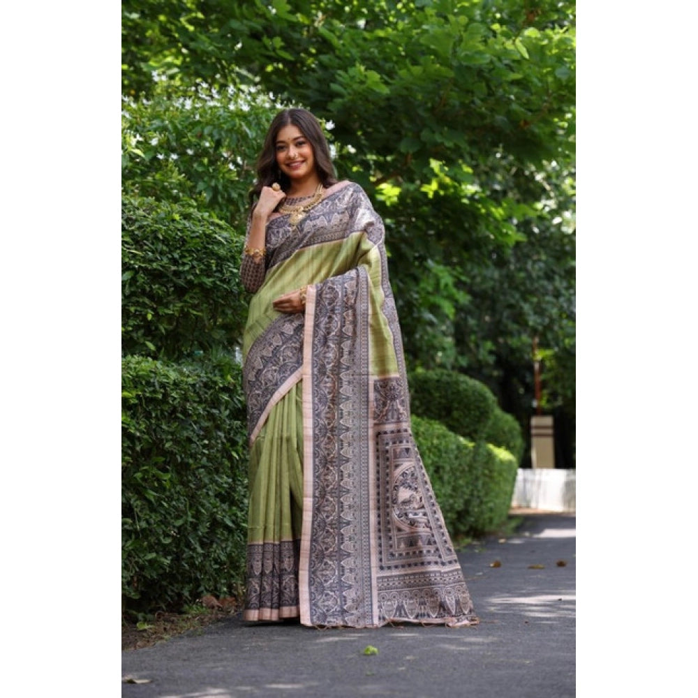 Generic Women's Faux_Tussar Ethnic_Print Saree With Unstitched Blouse 5.5MtrÂ (Olive)